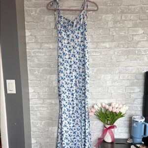 White Floral Maxi Dress with Blue Print